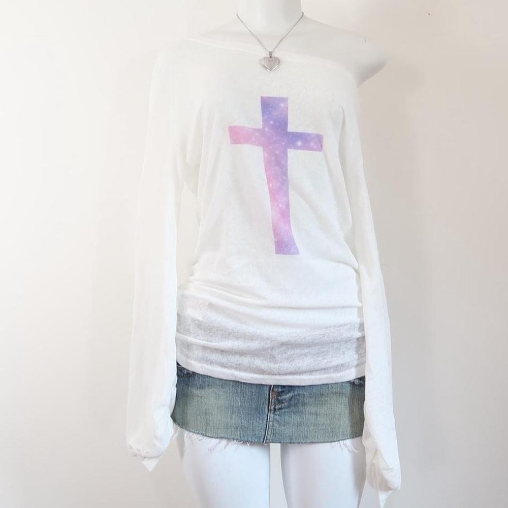 white galaxy cross off shoulder long sleeve y2k indie sleaze